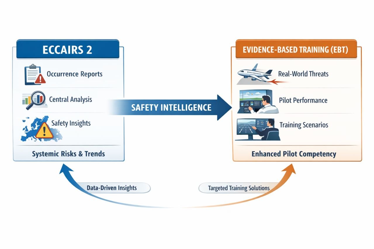 Diagram linking ECCAIRS 2 occurrence reports, central analysis and safety insights to Evidence-Based Training threats, pilot performance and training scenarios.