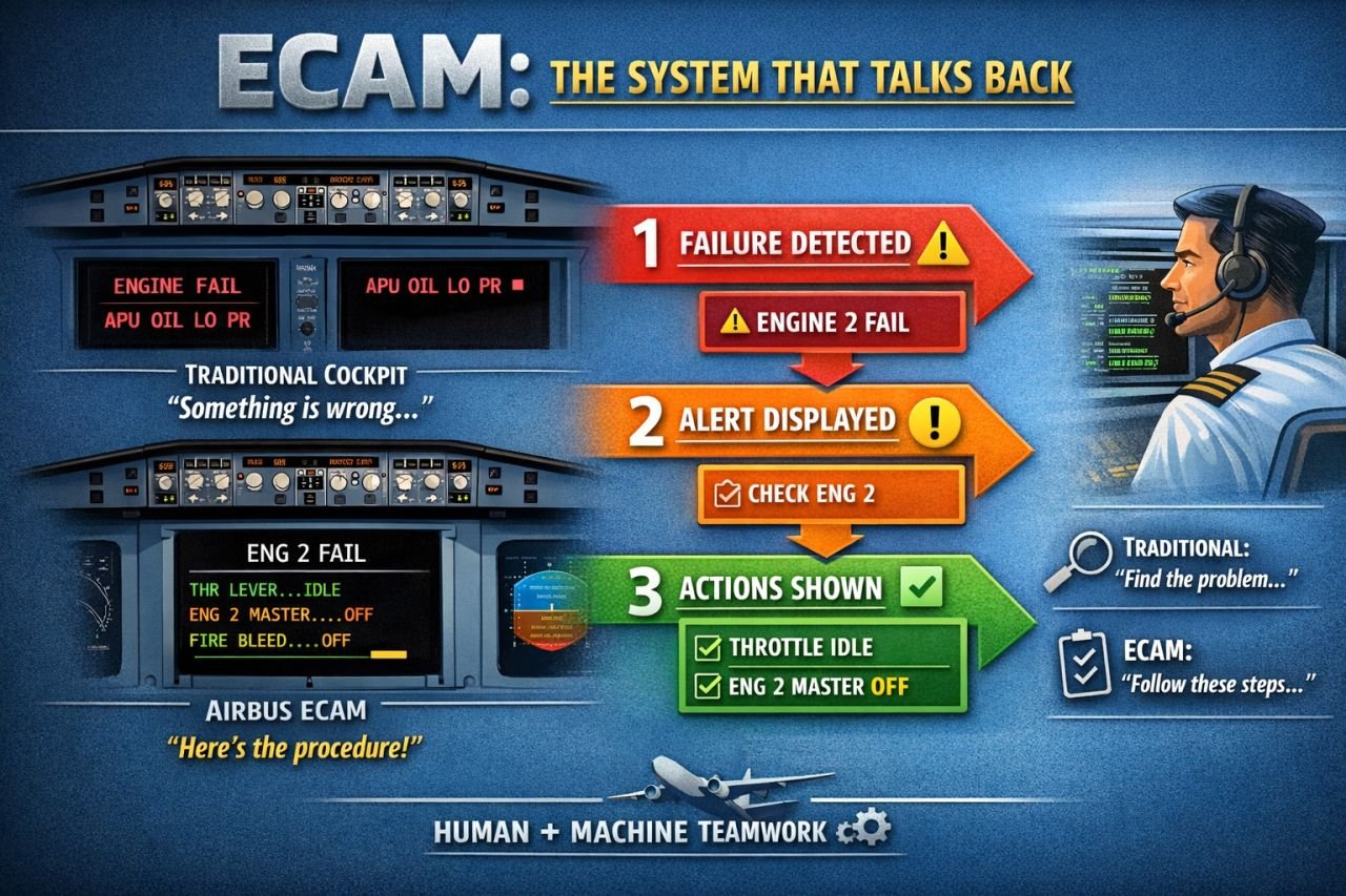 Illustration comparing a traditional cockpit with Airbus ECAM: failure detected, alert displayed, actions shown.
