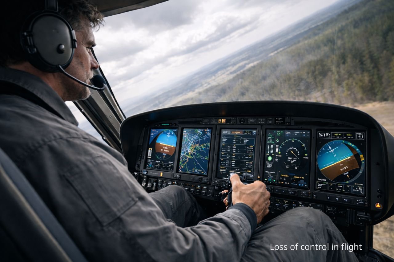 Helicopter pilot flying with a glass cockpit, captioned "loss of control in flight".