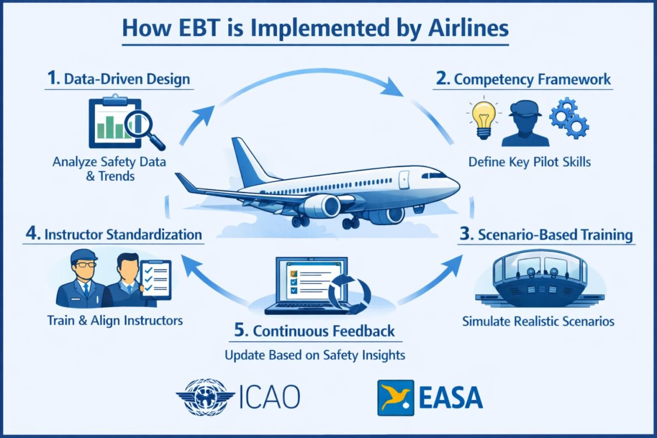 Diagram of how EBT is implemented: data-driven design, competency framework, scenario-based training, instructor standardisation and continuous feedback.