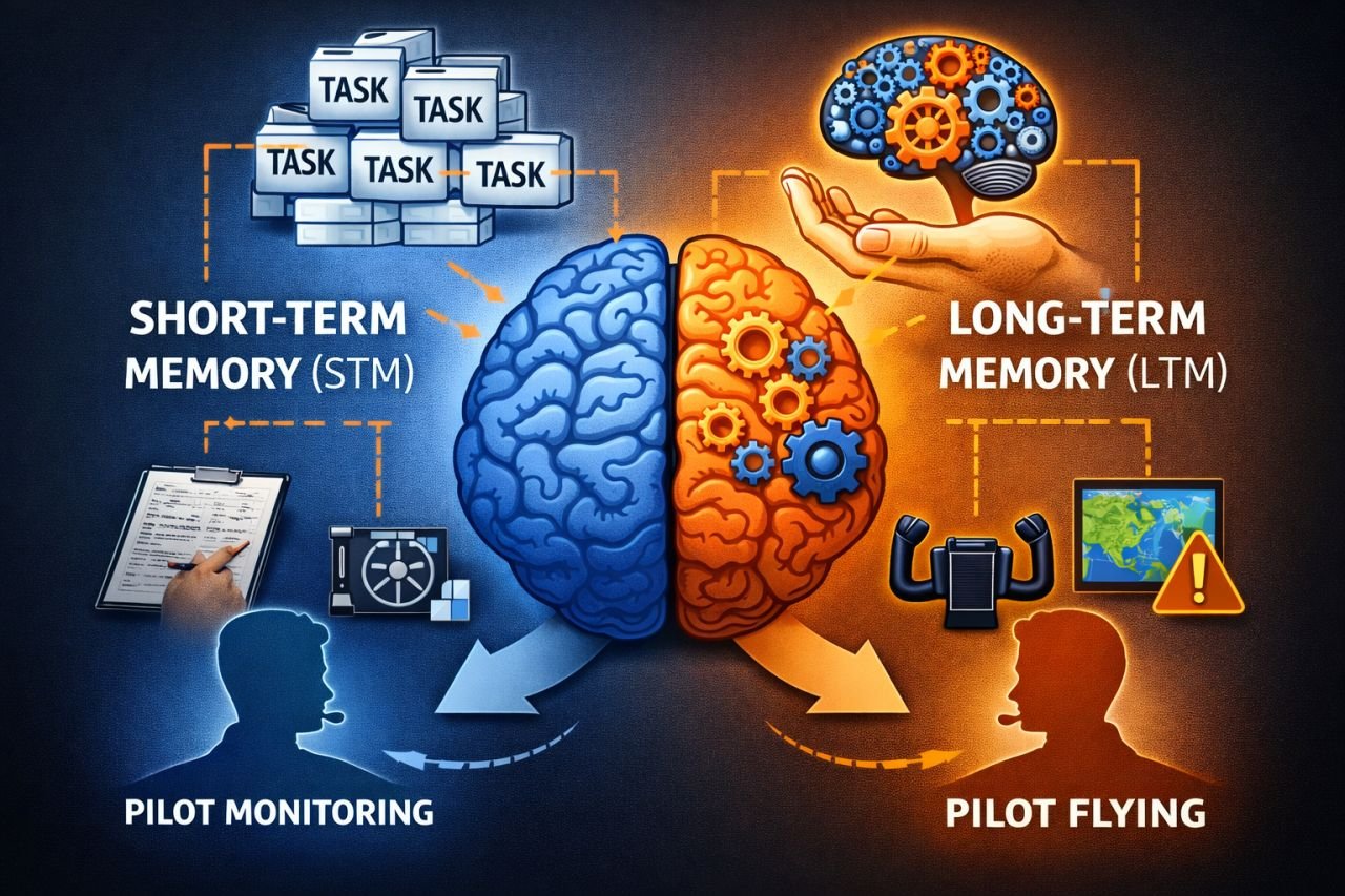 Illustration of short-term and long-term memory linked to pilot monitoring and pilot flying roles.