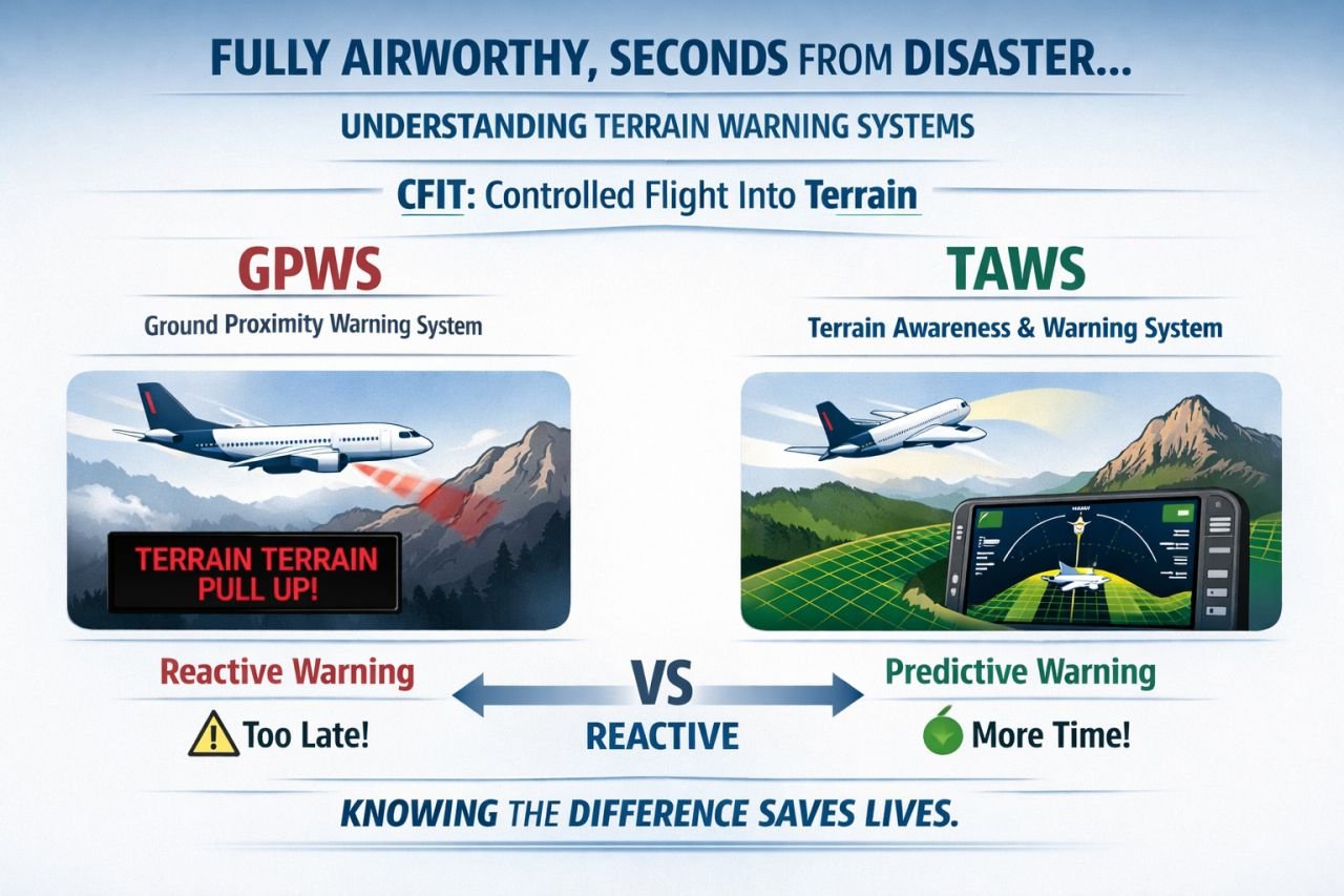 Comparison of GPWS reactive warning ("terrain, pull up — too late") with TAWS predictive terrain display ("more time").