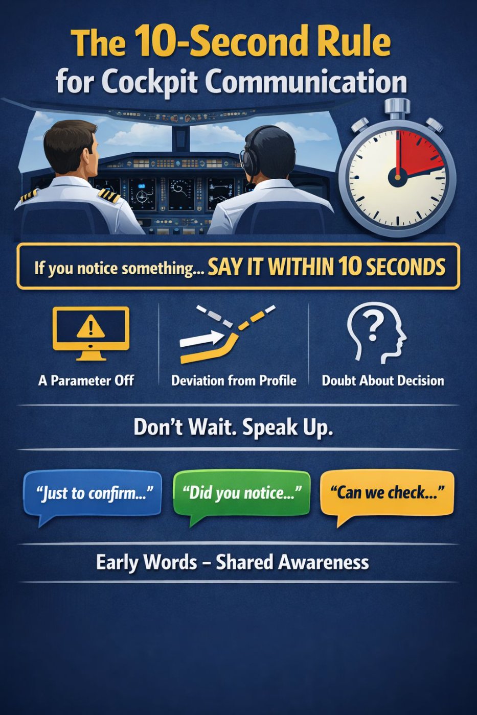 Infographic: if you notice something, say it within 10 seconds — a parameter off, a deviation from profile, or a doubt about a decision.