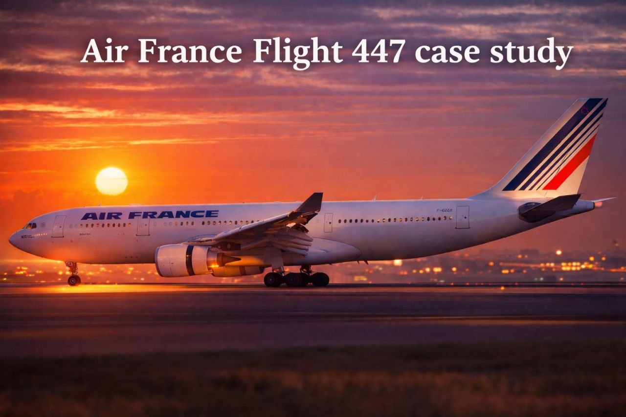 Air France A330 on a runway at sunset, titled "Air France Flight 447 case study".