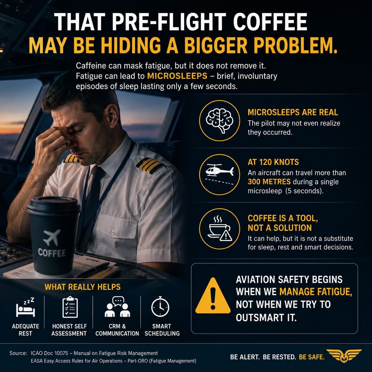 Pilot holding a coffee cup in the cockpit, with notes on microsleeps, distance travelled at 120 knots and fatigue countermeasures.