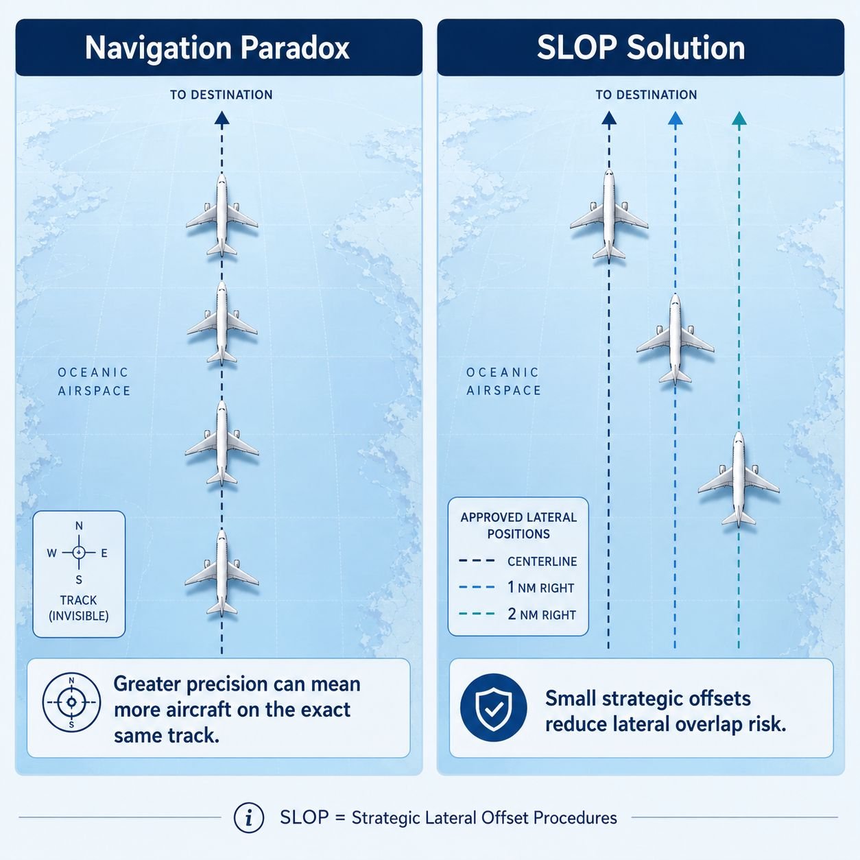 Diagram of the navigation paradox: aircraft stacked precisely on the same oceanic track, compared with small strategic lateral offsets to the right.