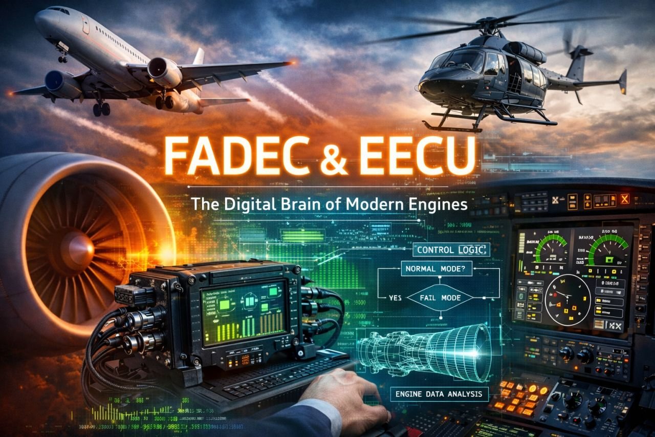 Illustration of an airliner and a helicopter with engine control computers, titled "FADEC and EECU — the digital brain of modern engines".