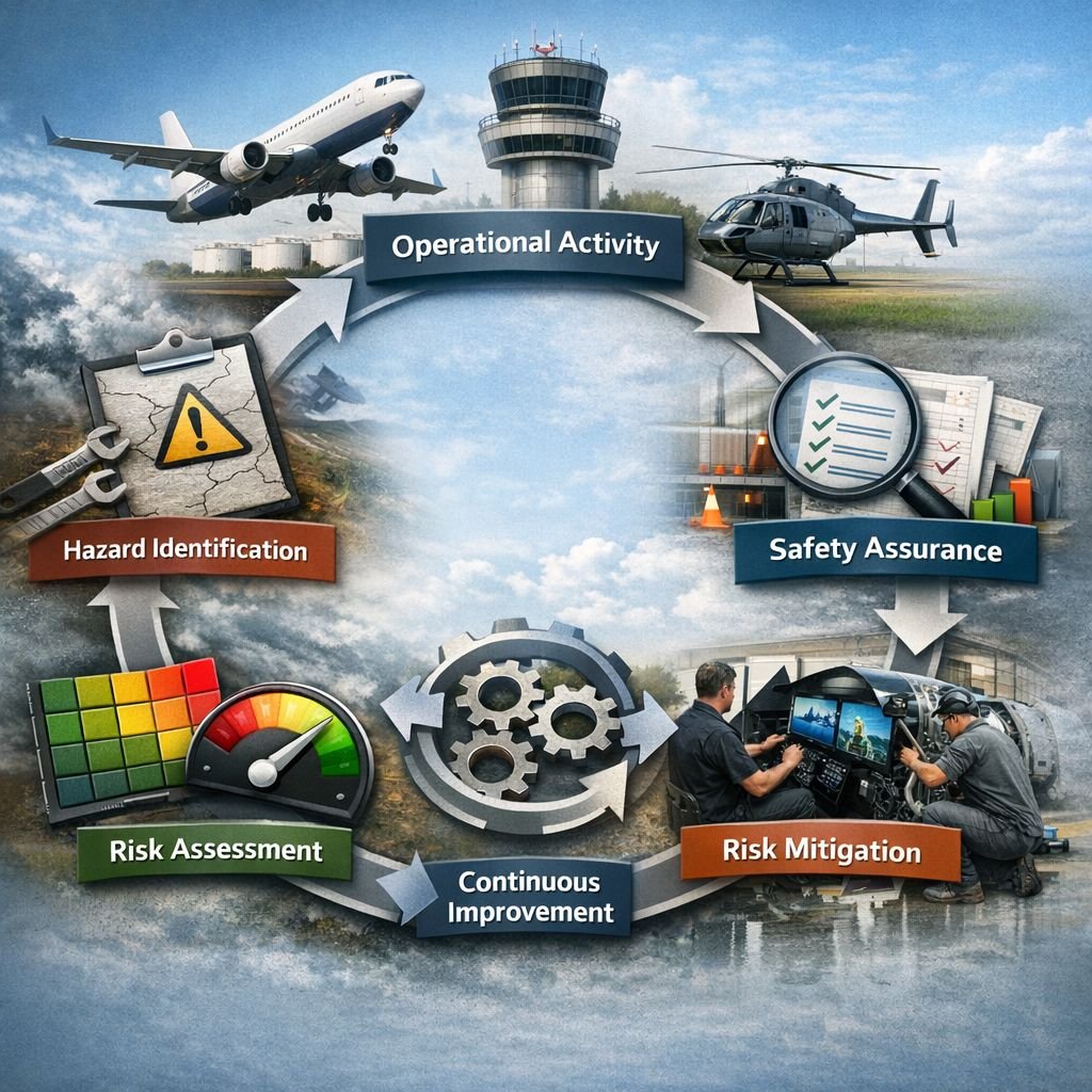 Circular diagram of the safety management loop: operational activity, hazard identification, risk assessment, risk mitigation, safety assurance and continuous improvement.